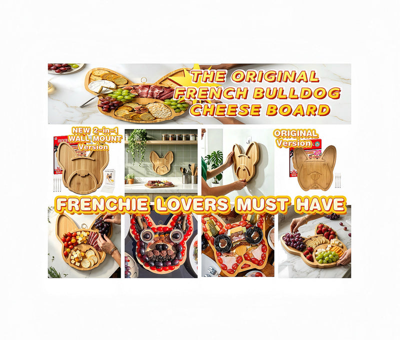 Frenchie French Bulldog cheese board by HOUSE PARTY 2K20, 12-inch cheese server set with cute French Bulldog design.