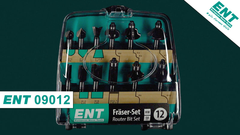 ENT 12-Piece DURACUT HM Milling Cutter Set in Shatterproof Plastic Cassette - Router Bit with Shaft 8 mm, 09012 12 Pieces