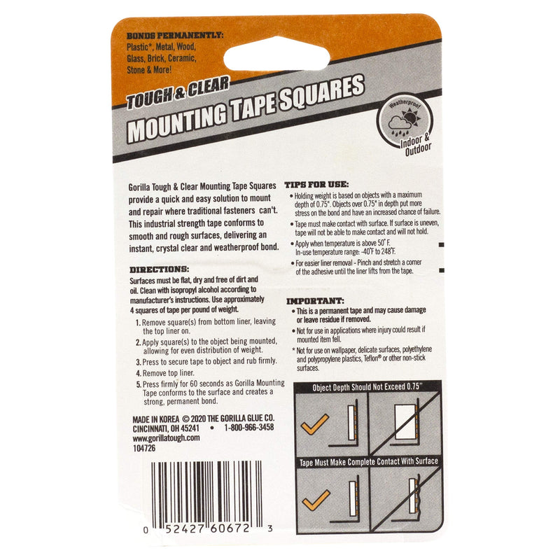 Gorilla Tough & Clear Double Sided Tape Squares, Clear Tape, 24 1" Pre-Cut Mounting Squares (Pack of 1) Pack of 1