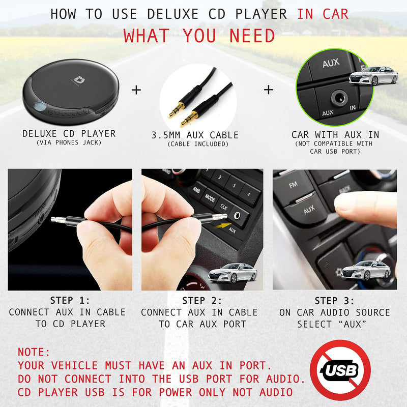 [Australia - AusPower] - CD Player Portable with 60 Second Anti Skip, Stereo Earbuds, Includes Aux in Cable and AC USB Power Cable for use at Home or in Car Black_CD 