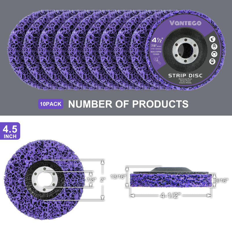 [Australia - AusPower] - Vantego10-Pack Paint Stripping Discs 4-1/2" Purple Grinding Wheels for Angle Grinder, Perfect for Rust, Paint, and Grime Removal, Metal and Wood Surface Stripping 4-1/2 in - 10 pk 