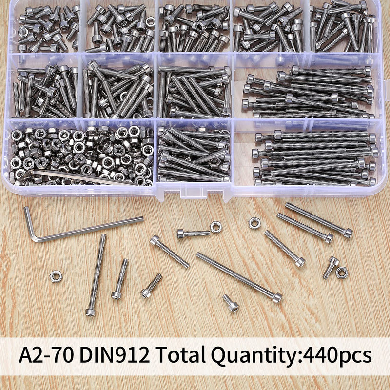 [Australia - AusPower] - 440 Pcs M3 Small Metric Screws with Nuts, Hex Socket Head Cap and Nut Assortment Kits, Stainless Steel Replacement Machine Fastener Screws and Bolts Nuts (440Silver) 440Silver 
