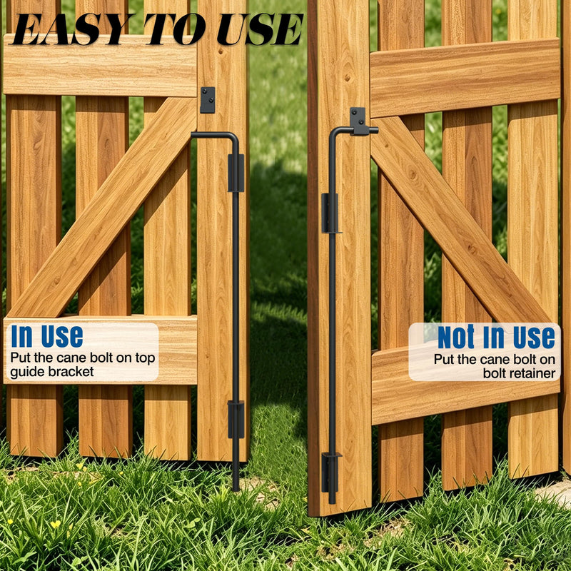 Heavy Duty Cane Bolt Gate Drop Rod, 24" Black Gate Latches Hardware for Wood Fence/Metal/Vinyl/Double Gates, Outdoor Gate Ground Latch Drop Rod with Mounting Screws, 1 Pack 24 Inch