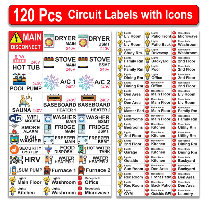 120 Pcs Circuit Identification Labels Markers Stickers Decals with Icons Standard/Regular 120 Pcs