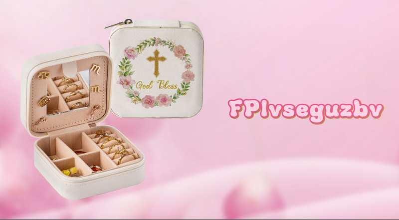 God Bless Jewelry Box for Women Girls - Cross Floral Portable Travel Jewelry Case Pink Gold Small Jewel Organizer Box, Baptism Wedding Easter Mother's Day Birthday Gifts for Friend Bride