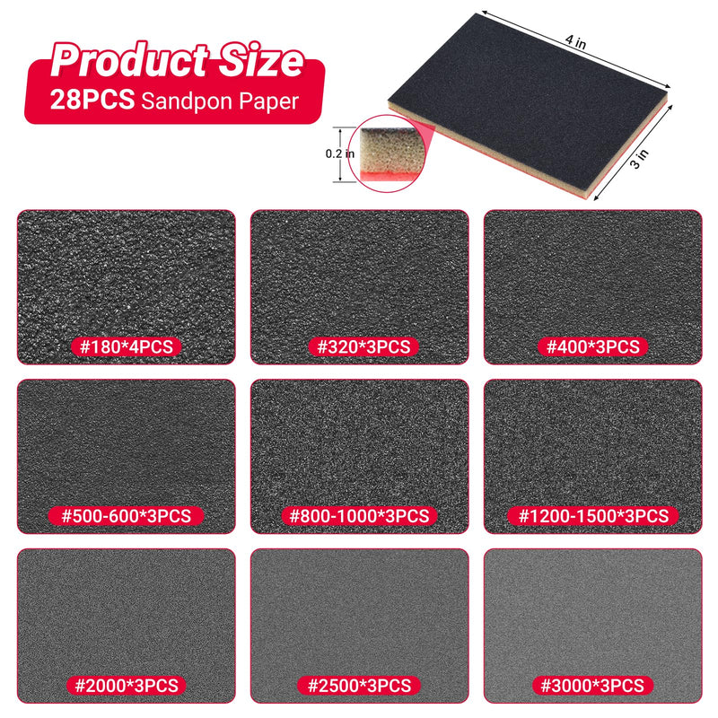 [Australia - AusPower] - 28 PCS 180-3000 Grit Sanding Sponge,Soft Foam Sanding Block,Ultra Fine Sanding Pads Wet Dry Sandpaper Sponge for Model Drywall Metal Wood Furniture Polishing Mix Grit 