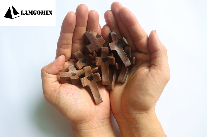Wooden Cross Fidget My Heart with Organza Bags, Pocket Cross (5pcs) Walnut 5 Pcs