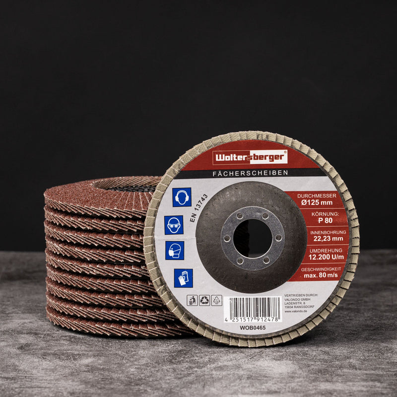 Woltersberger® Flap Discs, Diameter 125 mm, Grain 60, Pack of 10, Brown for Metal and Wood, Aluminum Oxide, Angle Grinder, Sanding Mop, Flap Discs, Sanding Discs Pack of 60