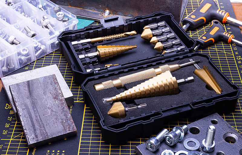 NordWolf 12-Piece HSS Titanium Metric Step, Countersink, Cone Drills with 1/4" Hex Shank, Multi Drill Saw & Automatic Center Punch Set in Storage Case 12 pcs