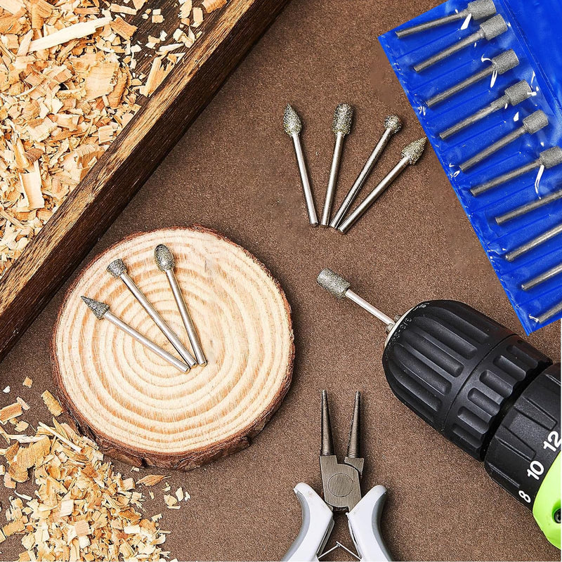 [Australia - AusPower] - Yuentoen Diamond Cutter Set, 20 Pieces Diamond Burr Grinding Pins for Dremel Rotary Tool Accessories with 1/8 Inch Shank for Stone Glass Ceramic Carving, Grinding, Polishing, Engraving 
