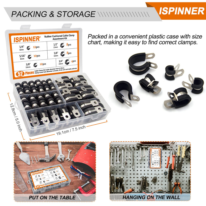 [Australia - AusPower] - ISPINNER 52pcs Cable Clamps Assortment Kit, 304 Stainless Steel Rubber Cushion Pipe Clamps in 6 Sizes 1/4" 5/16" 3/8" 1/2" 5/8" 3/4" Black 