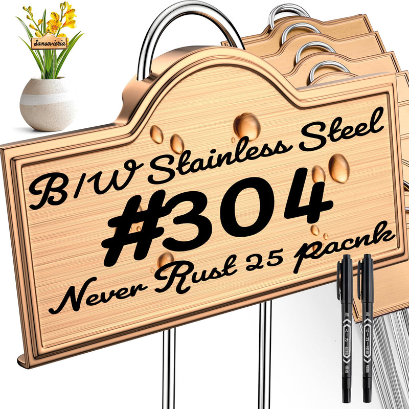 Stainless Steel 304 Plant Labels Weatherproof, Metal Garden Label Tall Markers 25 Pack for Plants Vegetables Herb Seedlings Flowers with 2 Pens, Height 10.75 Inch, Label Area 3.74'' x 1.39'' Gold