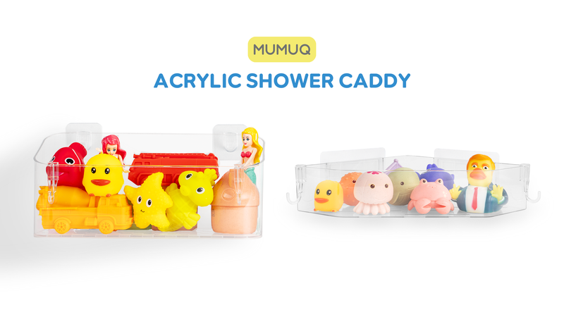 Pair of clear adhesive shower caddies for baby and toddler bath toys, rectangular design by MUMUQ, suitable for bathroom organization.