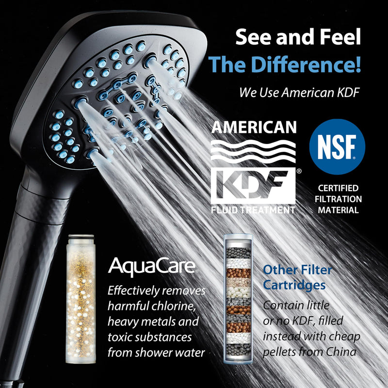 AquaCare 4X High Pressure 10 Spray Mode Filtered Showerhead - Handheld Shower Head Filters Chlorine to Heal Dry Skin, Revive Hair - Dual Power Wash Cleans Tub, Tile, Pets - Hard Water Softener, Black Square Matte Black