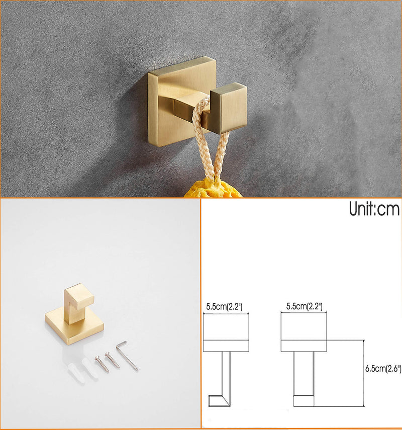 Beelee Gold Bathroom Accessories Set: 3-Piece Hardware Set - Wall Mounted Toilet Paper Holder, Hand Towel Ring/Bar, Towel/Robe Hook, Brushed Gold Finish, BA199SET-3BG1 3 Pieces