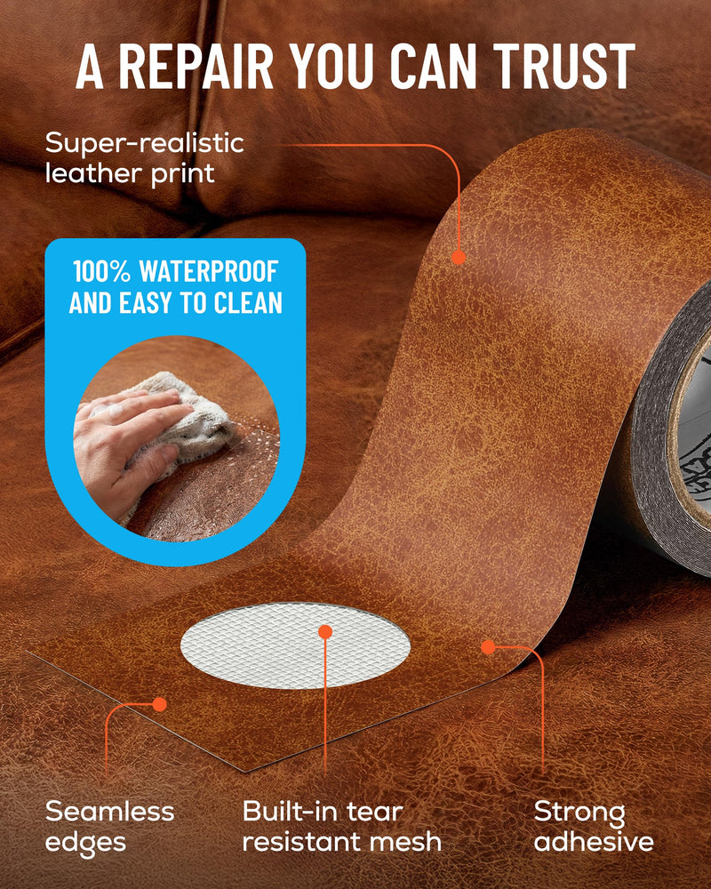 MATCH 'N PATCH Leather Repair Tape - Whiskey (2.25 inch x 15 feet) - Realistic Faux Leather Patches for Couch, Sofa, Upholstery, Car Seats & Other Furniture, Vinyl Repair Kit, Self Adhesive Patch 2.25" x 15'