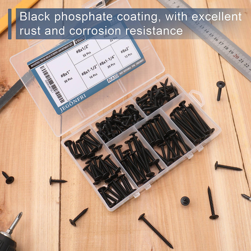 [Australia - AusPower] - #8 Modified Truss Head Black Wood Screws Assortment Kit, 132 pcs, Phillips Drive, Wood Screws, Screws, Screws Assortment, Screws Set, 6 Sizes (1/2”, 3/4”, 1”, 1-1/4”, 1-1/2”, 2”) (Black) Black Screw Kit 