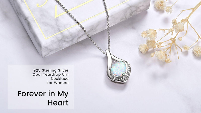 Cremation Jewelry 925 Sterling Silver Teardrop Urn Necklace for Ashes Heart Shape Memorial Keepsake Pendant for Human Ashes for Women Gift Opal