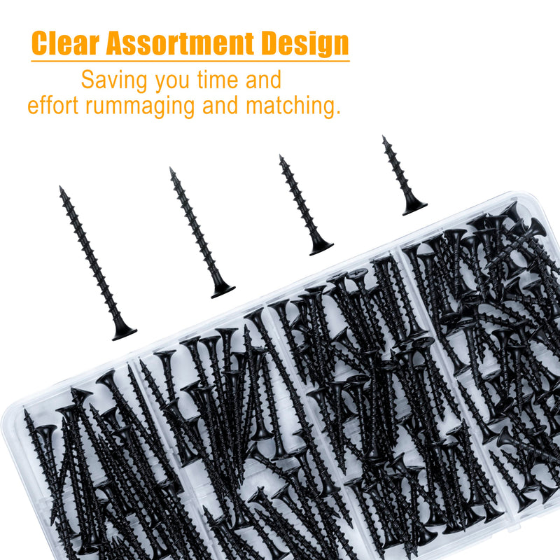[Australia - AusPower] - KURUI Drywall Screws Assortment Kit, 6 Black Wood Screws for Drywall,165pcs Coarse Thread Sheetrock Screws Set, Phillips Drive Self Tapping Dry Wall Screws 4 Sizes 1",1-1/4",1-5/8",2" 165 