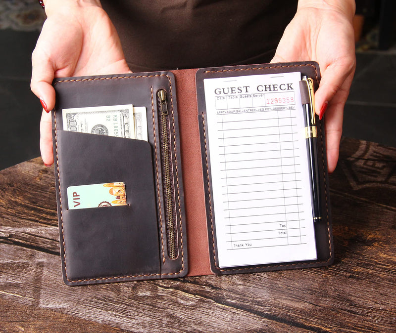 [Australia - AusPower] - Server Book Organizer with Zipper Pocket, Genuine Leather Restaurant Guest Check Presenters Card Holder for Waitress, Waiter Accessories Fit Server Apron - Coffee 