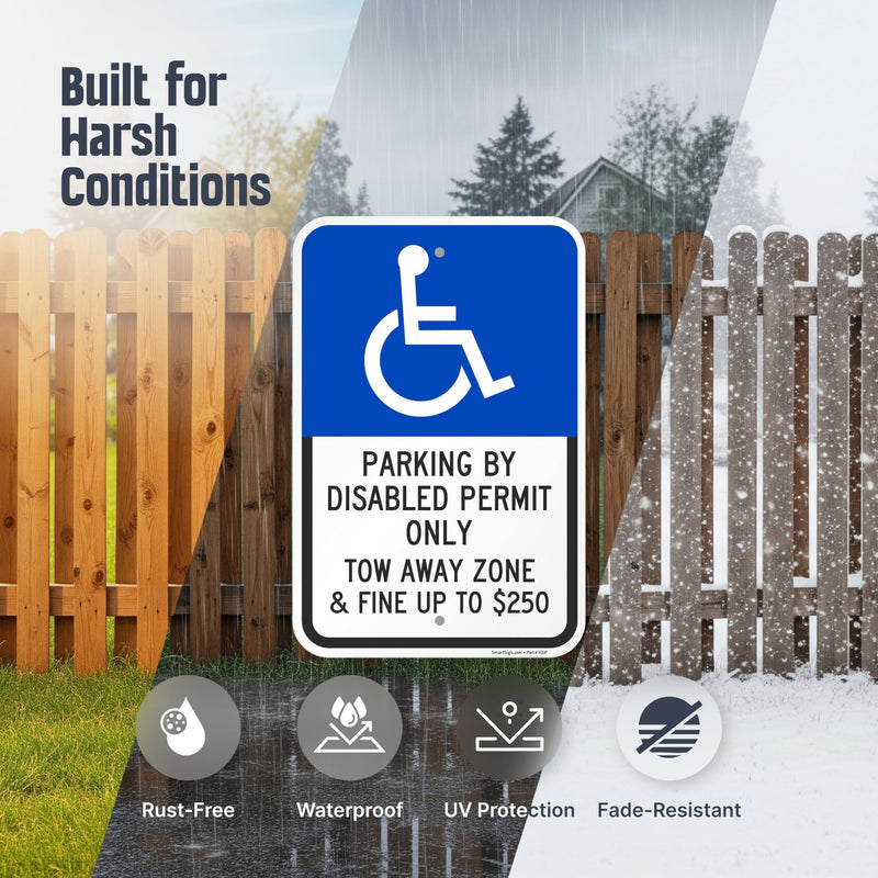 SmartSign Basics 18 x 12 inch “Parking By Disabled Permit, Tow-Away Zone” Handicap Parking Sign, 120 mil Aluminum Composite (ACM), Engineer Grade Reflective Material, Blue/Black on White, USA-Made blue, black and white