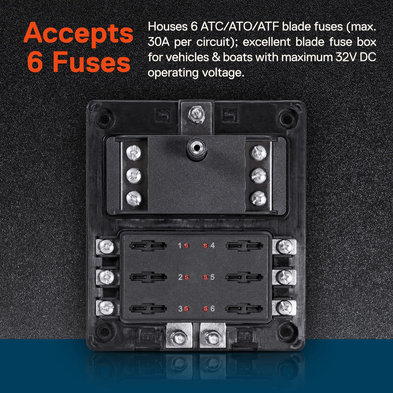 True Mods 6 Way Fuse Box with Ground Negative Bus for Automotive [Dual Positive Inputs] [12V - 32V DC] [180 Amp] [ATC/ATO Fuses] [LED Indicator] [Corrosion Resistant] Auto Marine Fuse Block 6-Way w/Ground