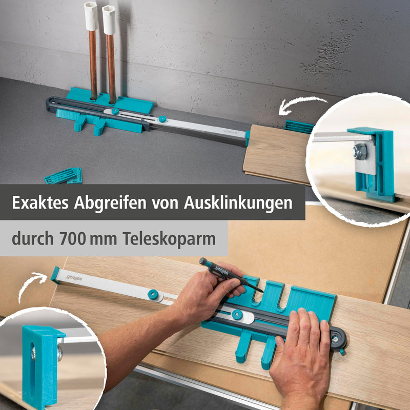 Wolfcraft Contour Gauge Pro Needle Template with Telescopic Rail for Measuring | Ideal for laminate and tiles, 700 mm length, 250 mm width, 168 touch pins, rail stop and fixation, 6980000