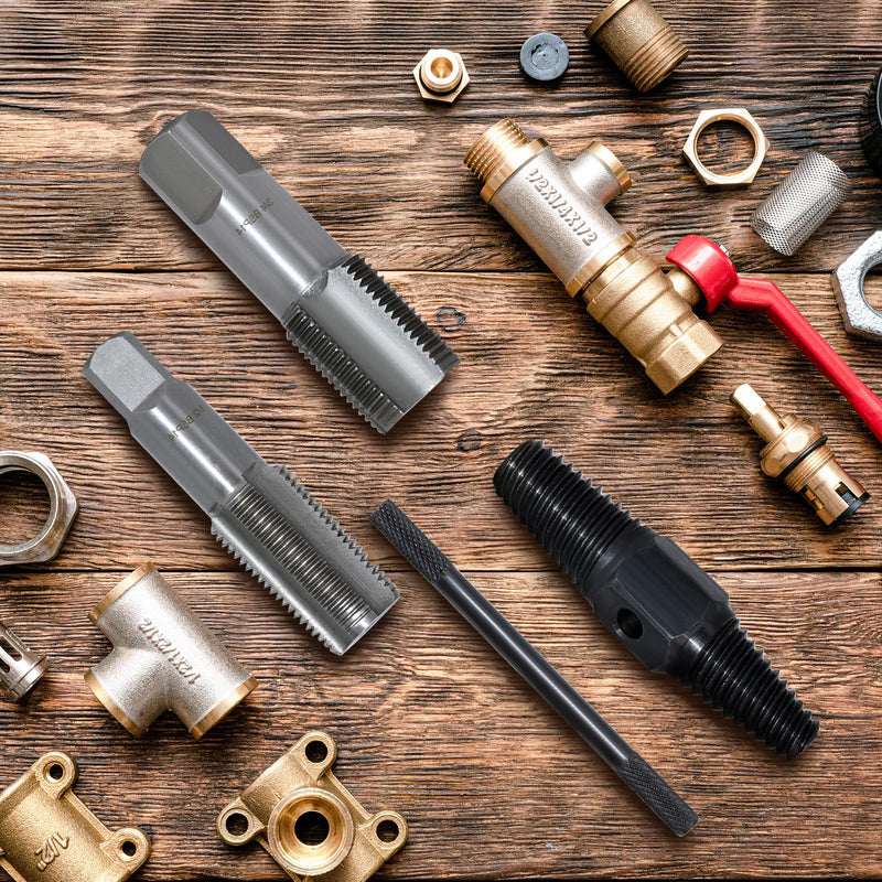 4 Piece Pipe Tap Set, 1/2 and 3/4 Inch Tap, Double Head Screw Extractor with Metal Rod, Professional Tap for Repair Thread
