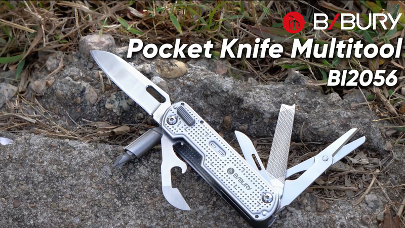 BIBURY 13-in-1 multitool pocket knife with clip, large scissors, and locking tools folded open
