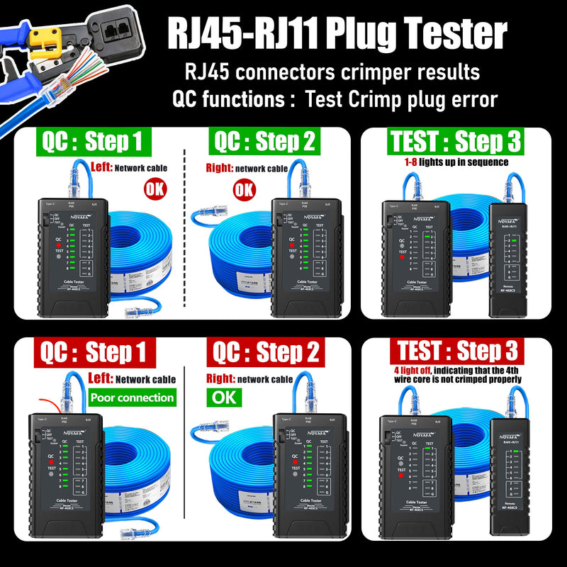 [Australia - AusPower] - NF-468CS Network Cable Tester,RJ45/RJ11/CAT5/CAT6/CAT5E/CAT6A/ CAT7/POE Test UTP/STP Continuity Tester Ethernet Cable Mapper Phone Line CAT3, Ethernet Cable Tester, LAN Cable Test Network Tools Black 