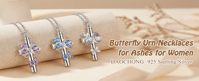 DAOCHONG Butterfly Cross Urn Necklace Memorial Cremation Jewelry Blue Butterfly Urn Necklaces
