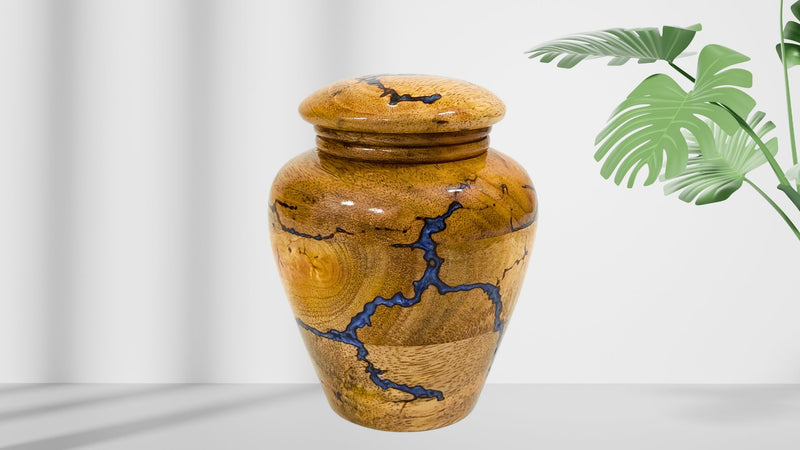 Gray Comet Mango Wood with Resin 20 Cubic Inch Capacity Screw Lid Cremation Urn with Blue Resin Memorial Tribute for Adult Men & Women – Decorative Funeral Keepsake- Urn2 Blue-Urn-2
