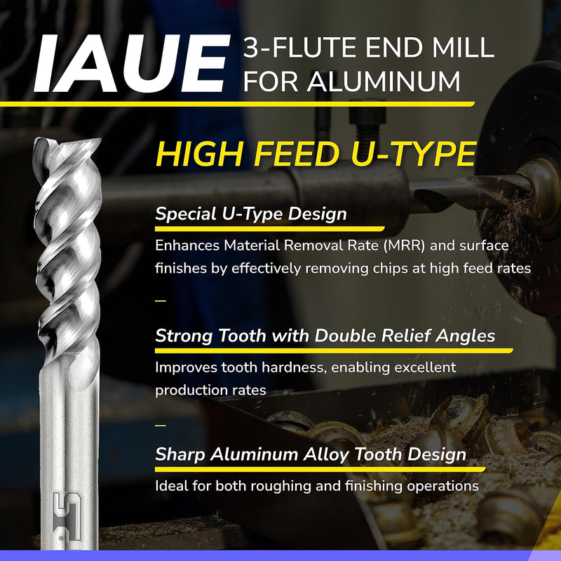 [Australia - AusPower] - SPEED TIGER Carbide Square End Mill - 3 Flute - IAUE3/8"3 (1 Piece, 3/8") - High Feed U-Type Design - for Roughing and Finishing - for Milling Aluminum Applications – Professional Mill Bits Sets 1 3/8 in 
