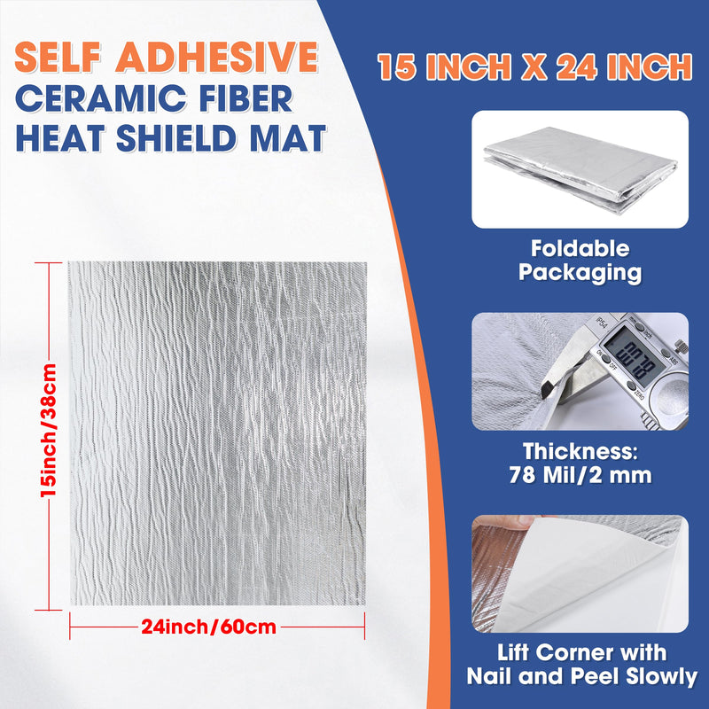Automotive High Temperature Resistant Heat Shield Mat Aluminum Foil Ceramic Fiber Material Up to 2280℉ for Thermal Protection(Self Adhesive-1/8" X 15" X 24") 1/8" X 15" X 24”