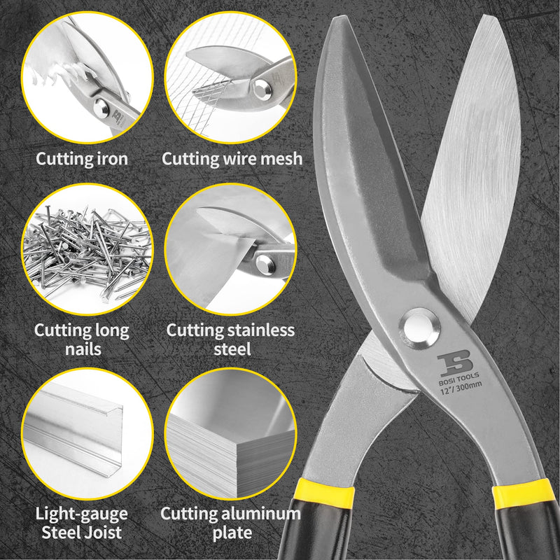 [Australia - AusPower] - Tin Snips 12 Inch Flat Blade Metal Cutters Straight Shears Heavy Duty Drop Forged Carbon Steel Blade with Comfortable Rubber Dipped Handle for Cutting Sheet Metal 