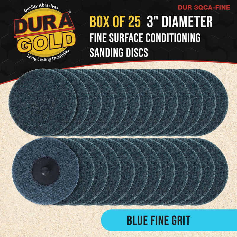 Dura-Gold 3" Diameter Surface Conditioning Discs Blue Fine Sanding Grit (Box of 25) - R-Type Quick Change Connection Rust and Paint Removal Removes Oxidation and Scale