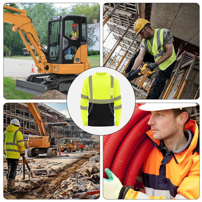 W&H Men's Class 3 High Visibility Long Sleeve Safety Shirt, UPF 40+ Sun Protection Quick-Dry Reflective Work Tee with Pocket Yellow 4X-Large