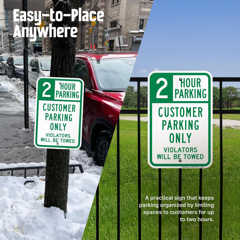 SmartSign 2 Hour Parking Customer Parking Only Violators Towed Sign (2-Pack), 12 x 18 inch, 80 mil thick Aluminum Composite (ACM), Pre-Drilled Holes, Green and White, Made in USA