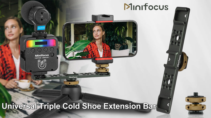 MINIFOCUS Triple Cold Shoe Extension Bar Mount, Aluminum Alloy Hot Shoe Mount Bracket with 1/4" Thread Holes for DSLR Camera Microphone Tripod LED Video Light Flashlight