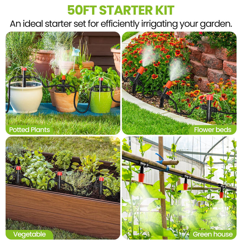 [Australia - AusPower] - MIXC Drip Irrigation System, 50 FT Quick Connector Garden Watering System, Automatic Sprinkler Kit for Lawn Raised Bed Outdoor Plants Greenhouse with 1/4'' Tubing, Drip Emitters, Misting Nozzles 