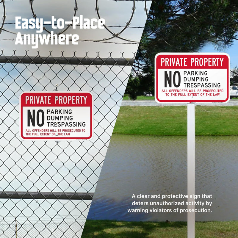 SmartSign Private Property No Parking/Dumping/Trespassing Offenders Prosecuted Sign (2-Pack), 12 x 18 inch, 80 mil thick Aluminum Composite (ACM), Pre-Drilled Holes, Red, Black and White, USA-Made 12" x 18" ACM Aluminum (Pack of 2)