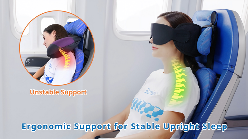 SARISUN travel pillow for airplanes in black, providing stable head support and comfort during travel.