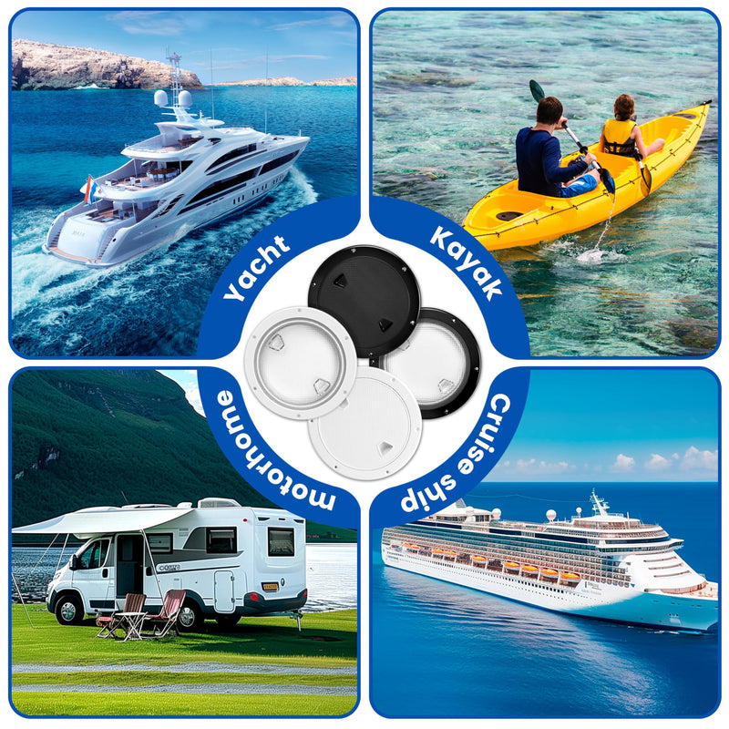 4"/6"/8" Boat Round Deck Plate Inspection Hatch，Deck Plates for Boats，Non-Slip Boat Hatch, Suitable for Ships, RV, Outdoor Facilities, ABS White Plastic, Attached 316 Stainless Steel Screw Black-4IN 1