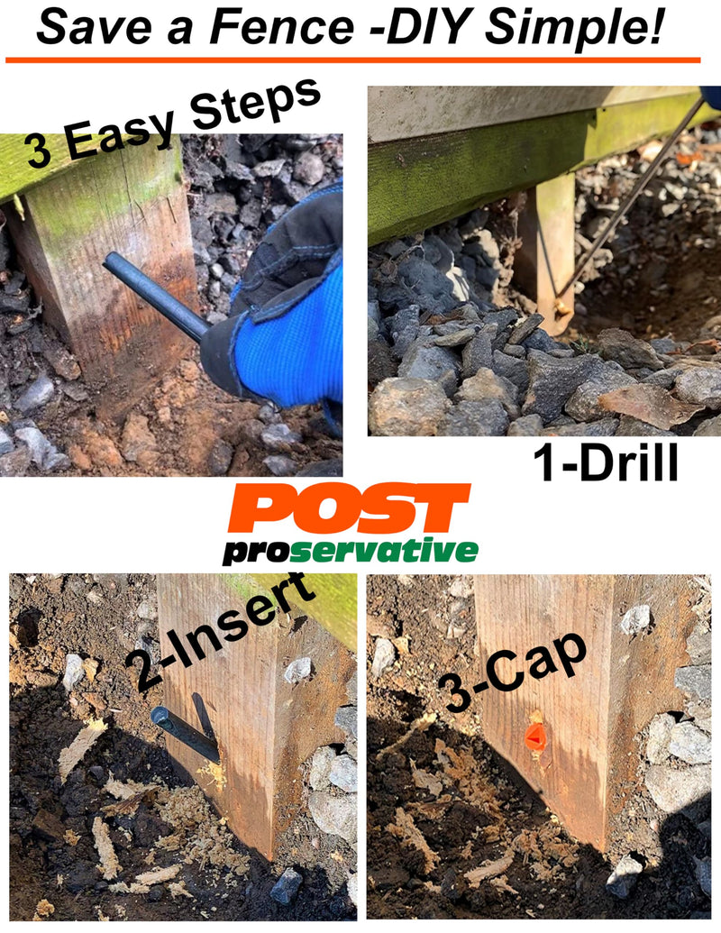 Post Proservative, Fence Repair Kit for Small Jobs - Re-Treat posts, 6 Piece Kit with Date Tag and Plugs, Replenishes preservative and extends post life. Treats (6) 4x4's or (3) 6x6 Wooden Posts 6 Count (Pack of 1)
