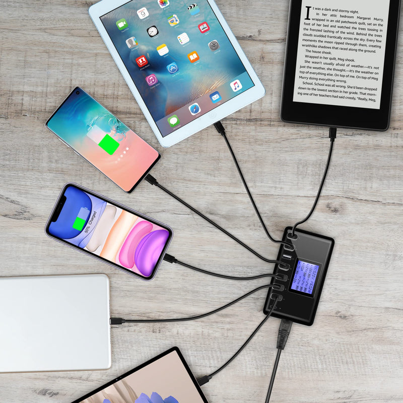 [Australia - AusPower] - USB Charger, slitinto 60W 12A 8-Port USB Charging Station Multi Port USB Hub Charger Compact Size LCD Display Compatible with iPhone iPad Samsung Kindle Tablet Bluetooth Earbuds and More Black 