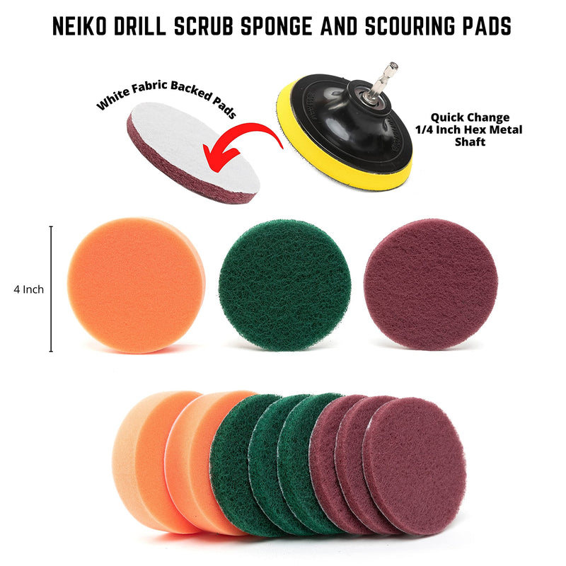 Neiko Drill Attachment Set | 15 Pieces | Polishing, Buffing, Scouring Cleaning Round Pad for Carpets | Power Scrub Brush for Toilets | Long Reach Extension Included, Multicolor