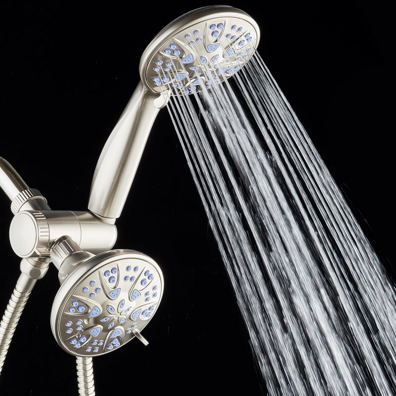 AquaDance Antimicrobial/Anti-Clog High-Pressure 30-setting Dual Head Combination Shower with Nozzle Protection from Growth of Mold, Mildew & Bacteria for a Healthier Shower – Sunset Blue 2.5 Gallons Per Minute Satin Nickel / Sunset Blue Jets