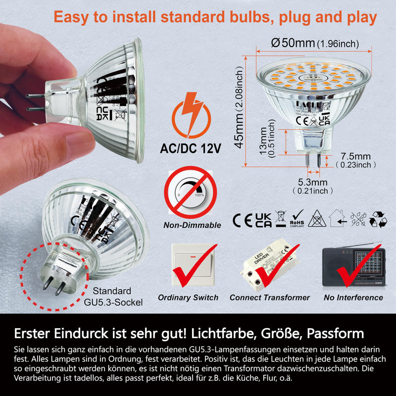 EACLL GU5.3 LED Warm White 6 W Replaces 50 W Halogen MR16 Bulb, Pack of 6, 550 Lumen 2700 K Bulb, AC/DC 12 V Flicker-Free Spotlight, Beam Angle 120° Spot, Not Dimmable Diameter 50 x H 45 mm Reflector Lamp 2700 K Warm White Light 6 pcs (pack of 1) 6w