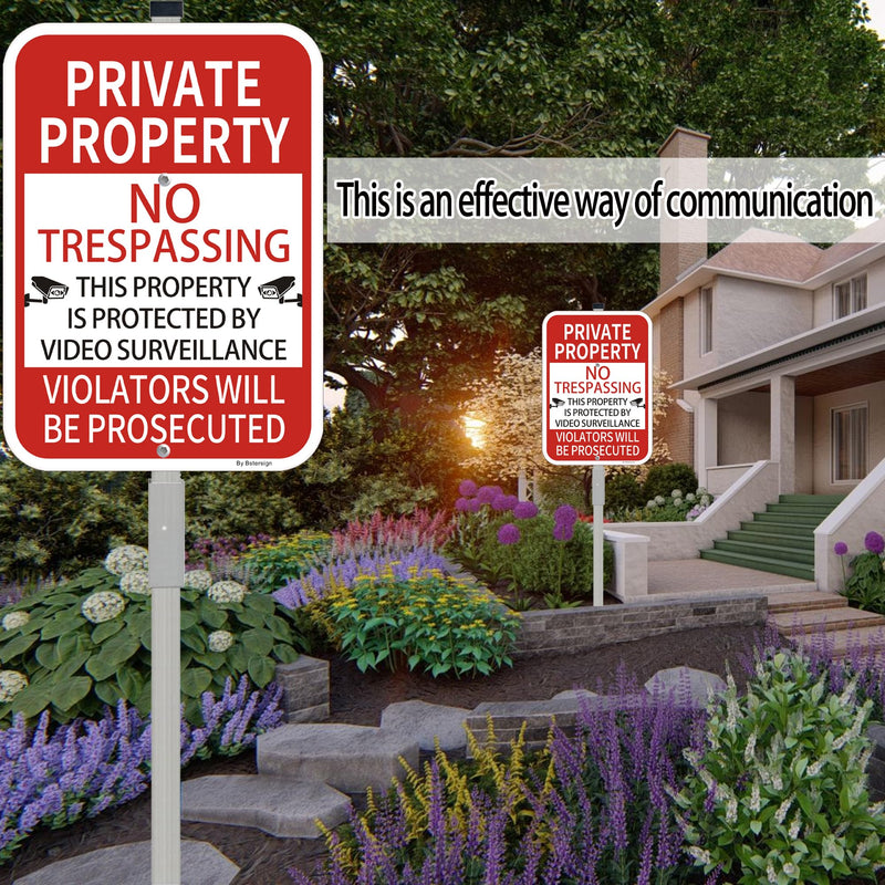 2Pack No Trespassing Private Property Sign with 36-Inch Stakes, 10x14 Inches Video Surveillance Warning Sign, Rust Free Reflective Aluminum 2 Pack with stake（Red）