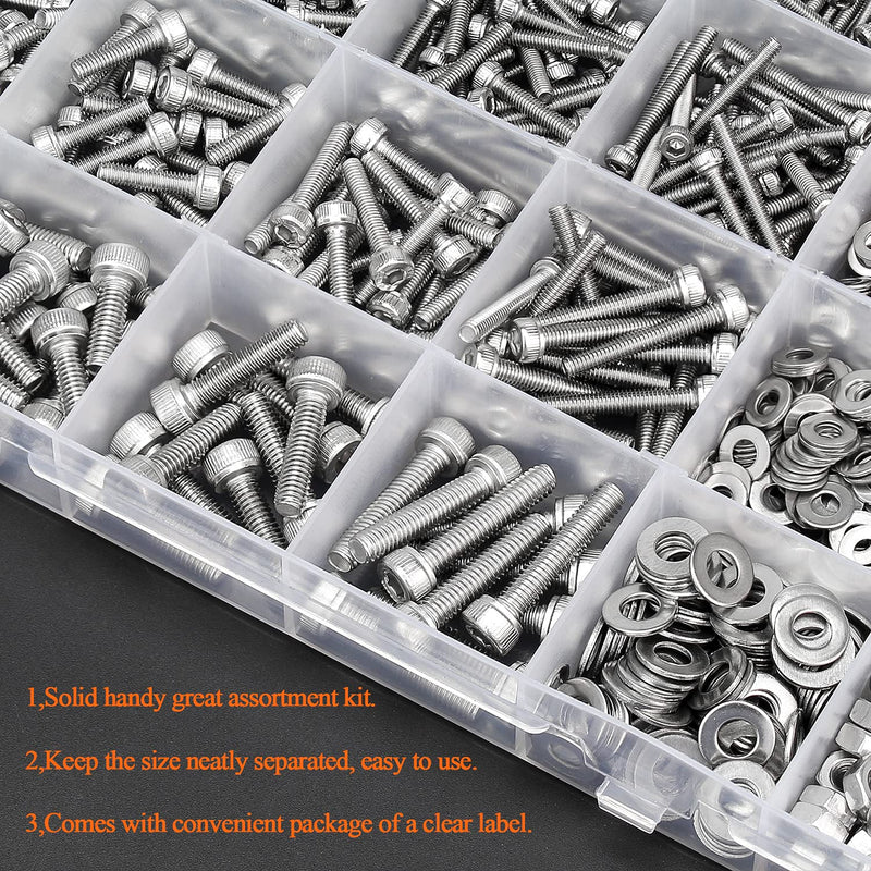 [Australia - AusPower] - 1280 Pieces M2 M2.5 M3 M4 304 Stainless Steel Hex Socket Cap Metric Screws Bolts Washers Nuts Hardware Assortment Kit with Hex Wrenches 